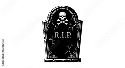 A black and white illustration of a tombstone with a skull and crossbones, and the letters "R.I.P.".
