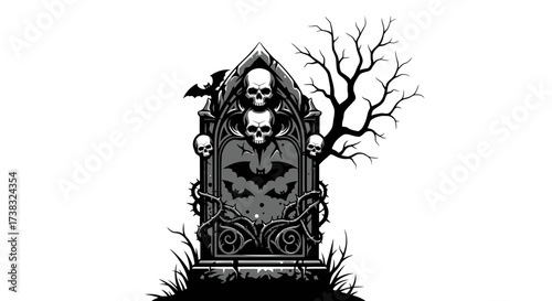 A gothic tombstone illustration featuring skulls, bats, and a bare tree, representing Halloween.