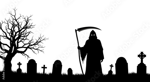 Silhouette of the Grim Reaper standing in a graveyard with tombstones and a barren tree.