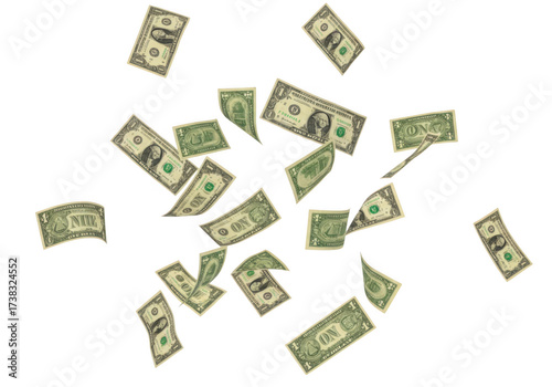 Numerous one dollar bills captured in mid-air dynamic money shower finance prosperity transparent background