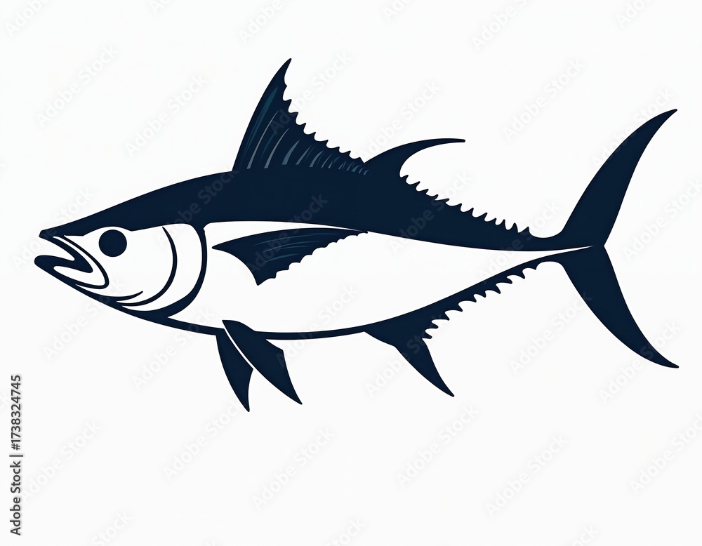 Obraz premium Tuna fish silhouette icon on white background. Elegant dark blue fish shape with fins and tail. Simple visual illustration of seafood animal isolated on clean white background.