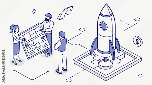 Isometric illustration of team launching a rocket with website design and business strategy concept