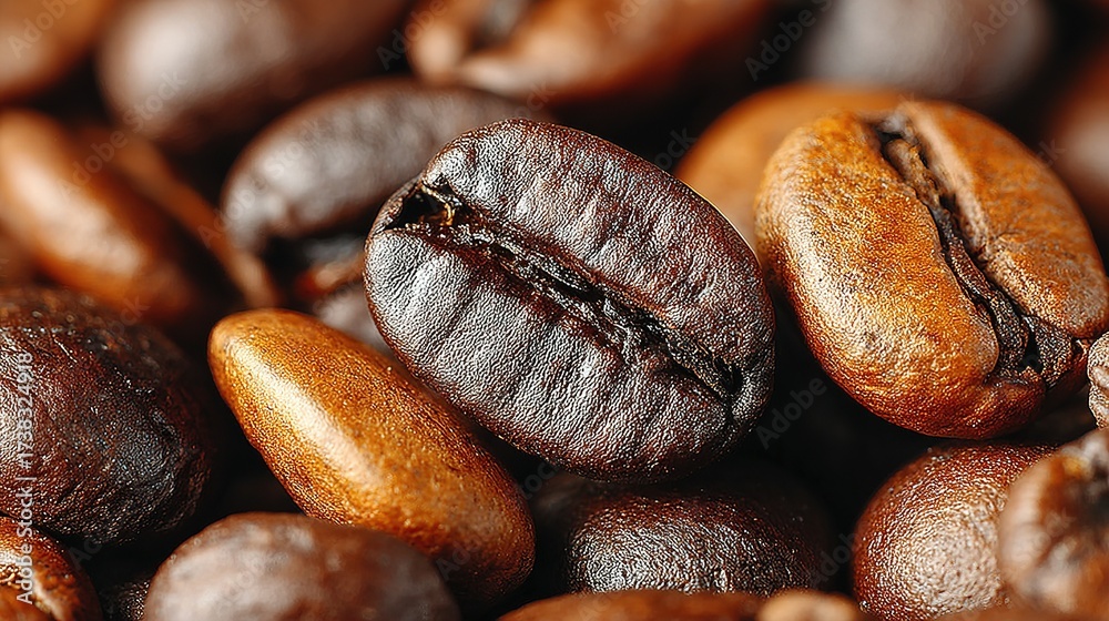Obraz premium Close-up of roasted coffee beans showing texture and color variations.