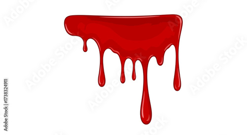 Vivid red liquid dripping down, creating a messy, organic shape on a clean white background, resembling blood or paint.