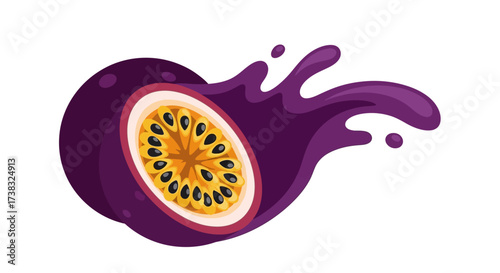 A vibrant illustration of a passion fruit, sliced open with juice splashing out.