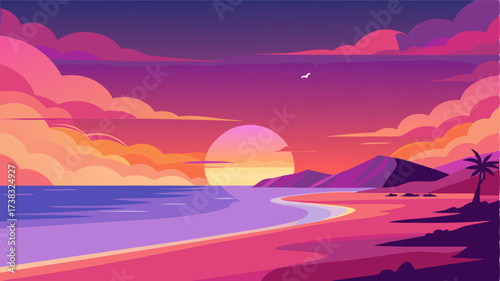 As the sun sets the sky transforms into a breathtaking canvas of pink purple and orange painting the perfect backdrop for a romantic evening on the beach.