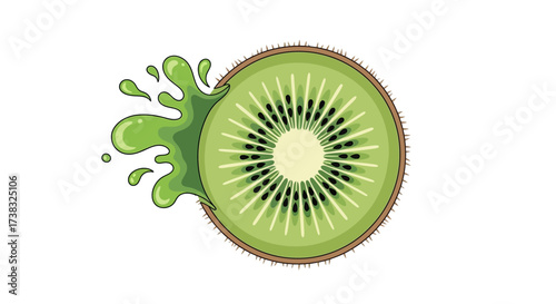 A vibrant illustration of a sliced kiwi fruit with a dynamic green juice splash.