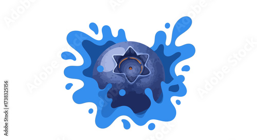 A close-up illustration of a single, ripe blueberry splashing into vibrant blue liquid.
