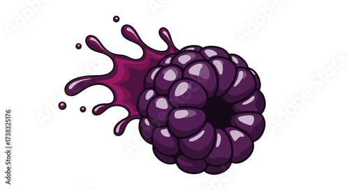 Illustration of a ripe blackberry with a splash of juice, isolated on white background.