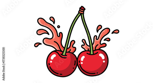 A vibrant cartoon illustration of two juicy red cherries on a stem, bursting and splashing pink liquid on a white background.