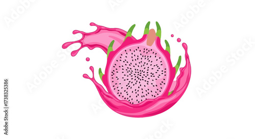 A vibrant vector illustration of a sliced pink dragon fruit with a dynamic juice splash on a white background.
