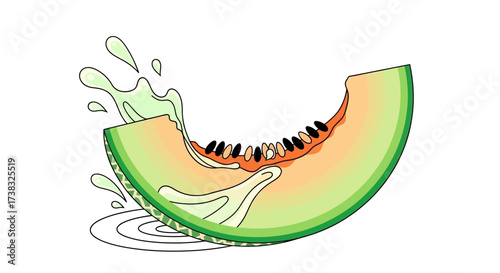 A slice of ripe melon with a bite taken out, accompanied by a splash of juice.