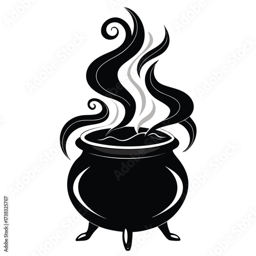 Stylized black cauldron with swirling steam and bubbling potion