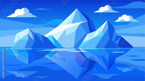Crystalclear icebergs floating on still waters mirroring the brilliant blue hues of the sky above.