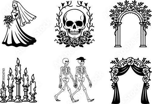 6 silhouette bundle of Skeleton bride, Skull frame, Flower arch, Candle set, Parade couple, Festival arch
