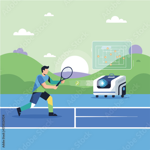 AI Tennis Ball Machine Customized Drill Control Vector Illustration. Wide Landscape Player Training with Automated Device