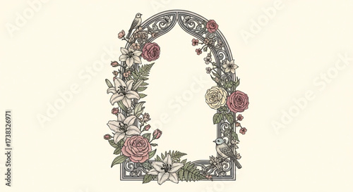 Vintage Floral Wedding Arch with Gothic Ironwork and Birds Illustration