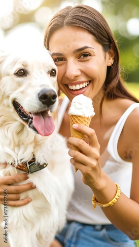 Woman and dog enjoying ice cream in a park