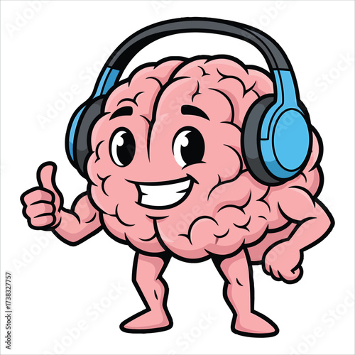 Cartoon brain character wearing headphones and giving a thumbs up on a white background