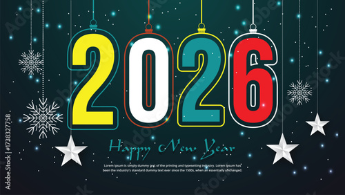Vibrant Happy New Year 2026 text effect background, Template with Red and Gold Hanging Numbers, Gift Box, and Ribbon for Digital Greetings and Festive Promotions
