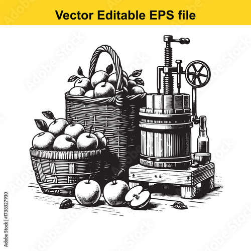 Vector art of vintage apple press with baskets of apples