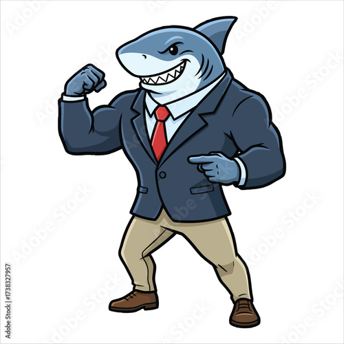 Cartoon shark wearing a business suit and flexing its arm