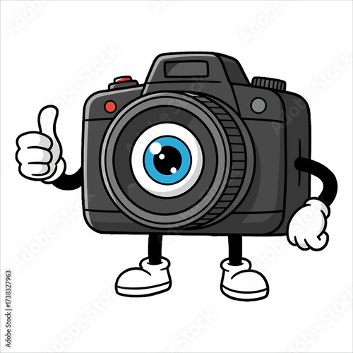 Cartoon camera character giving thumbs up on white background