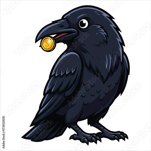 Cartoon raven holding a shiny gold coin in its beak on a white background