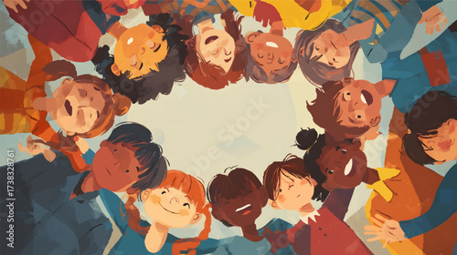 A group of diverse children smiling and singing together in a circle, colorful clothing, joyful expressions, playful atmosphere