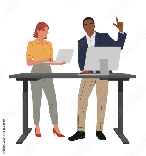Flat vector illustration of an interracial business couple working together at an ergonomic adjustable standing desk with computer and laptop, modern office concept, isolated