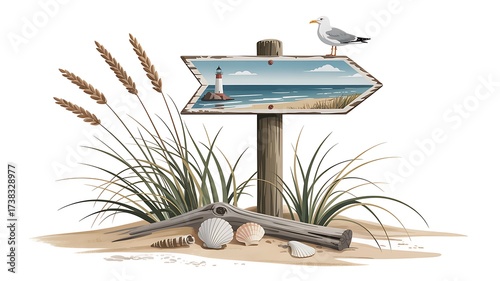 Coastal scene with a seagull perched on a weathered sign pointing towards a lighthouse illustration for travel and vacation themes isolated on white