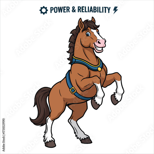 Cartoon horse with a harness and the words 'POWER & RELIABILITY' above it on a white background