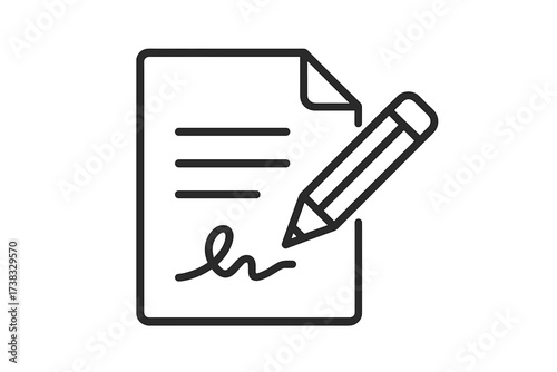 Signature icon for contract signing and agreement. Pencil writing on a legal document. Business deal, application form approval, and consent concept. Vector line art illustration.