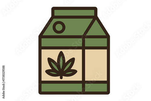 Hemp milk carton vector icon. Plant-based, vegan, dairy-free alternative drink. Healthy organic beverage package with cannabis leaf symbol. Flat design illustration.
