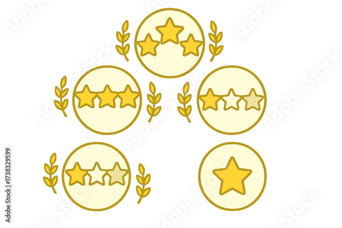 Star rating system. Customer review icon set. Quality feedback symbols. Product service evaluation. Rank score. Golden laurel award. Five stars. Vector illustration element.