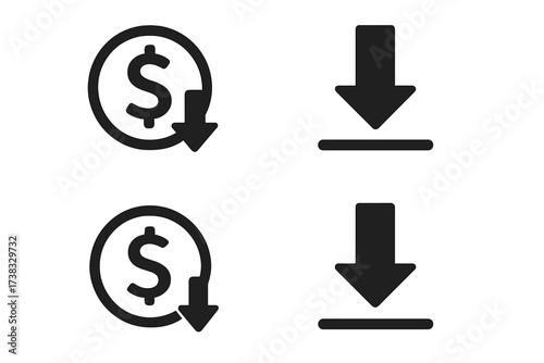 Cost reduction vector icon set. Download symbol. Price drop, lower cost, and saving money concepts. Finance, business, budget, and economy illustration for web and UI design.