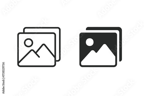 Gallery icon set vector. Line and solid style. Photo symbol, picture icon. Landscape with mountains. Web design element. UI, UX sign. Editable stroke. Isolated illustration.