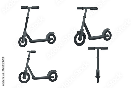 Kick scooter vector illustration set. Push scooter collection from different angles. Side, front, and isometric views. Urban personal transport for eco-friendly city mobility.