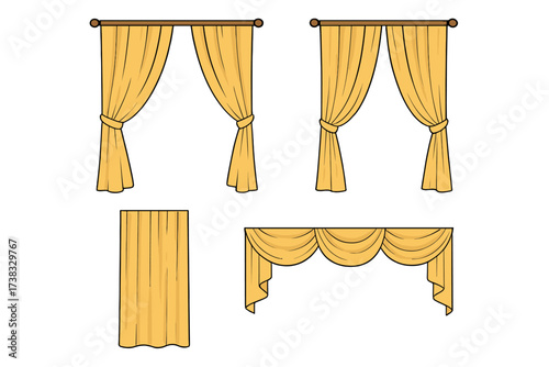 Set of classic yellow curtains. Vector illustration collection for home decor and interior design. Window treatment elements, drapes, and valance isolated on white background.