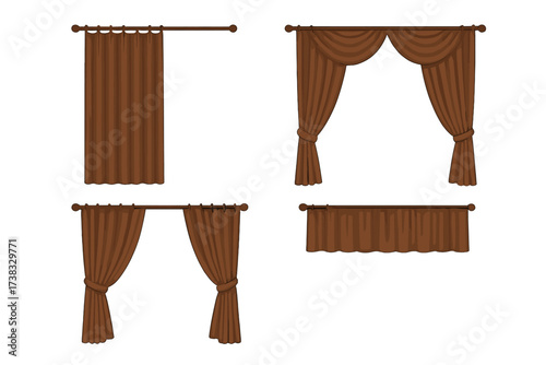 Set of classic brown curtains and drapes for interior design. Vector illustration collection of elegant window treatments, valances, and pelmets isolated on transparent background.