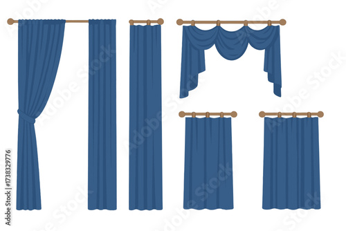 Set of classic blue curtains and drapes for home interior design. Vector illustration of window treatments, including valance and panels isolated on a background. House decor.
