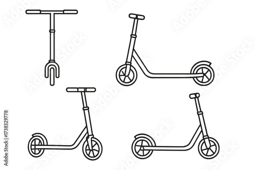 Kick scooter vector icon set. Push scooter line art illustration. Urban eco friendly transport. Micromobility outline symbol collection. Simple city transportation concept.