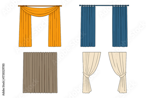 Curtain set vector collection. Different drapes for home interior. Window treatment decoration. Classic blind, valance and tied back curtains. Isolated flat cartoon graphic.