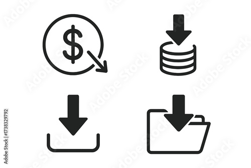 Cost reduction and download icon set. Financial savings, price drop, and budget symbols. Vector collection for downloading files, data saving, and folder transfer.