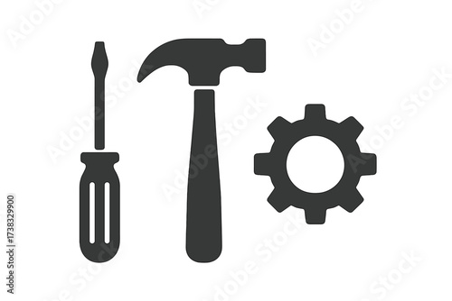Tools icon set with hammer, screwdriver and gear. Repair, maintenance service symbol. Construction, industry, engineering concept. Settings, configuration pictogram. Flat vector.