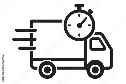 Express delivery truck icon with stopwatch. Fast shipping and logistics service. Quick delivery van symbol for online shopping. On-time package transport vector logo design.