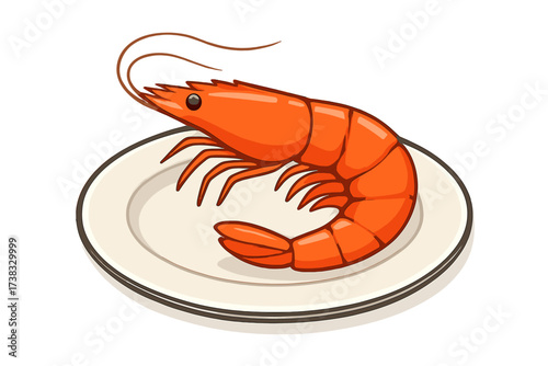 Cooked shrimp on a plate vector illustration. Steamed or boiled prawn icon for seafood restaurant menu. Fresh gourmet marine appetizer. Healthy food, protein-rich meal concept.