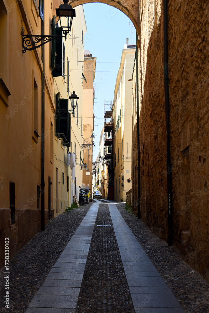 Obraz premium Cityscape of historical part of Alghero town. Alghero old town, street view, Sardinia, Italy
