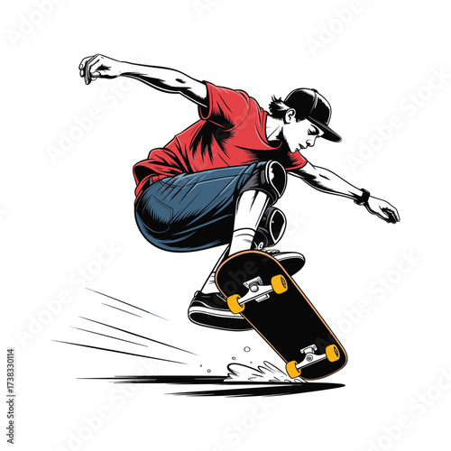 Dynamic skateboarder performing an aerial trick with motion lines against a