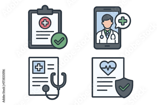 Healthcare medical icons for online doctor consultation and telemedicine. Vector set of health insurance claim, clinical record, prescription report, and digital medicine concepts.